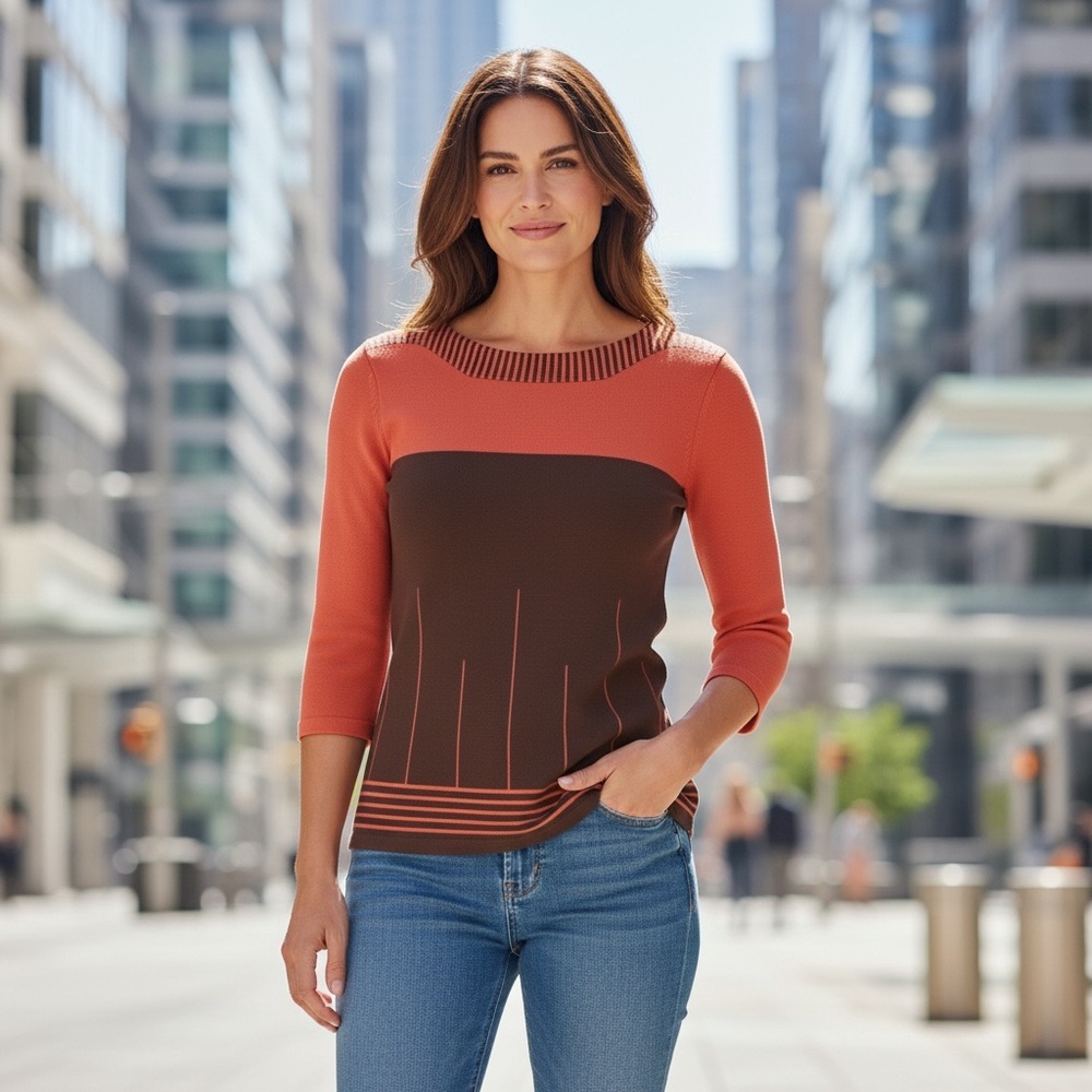 Notations Women's Coral and Chocolate Brown Long 3/4 Sleeve Top - Picture 2 of 15